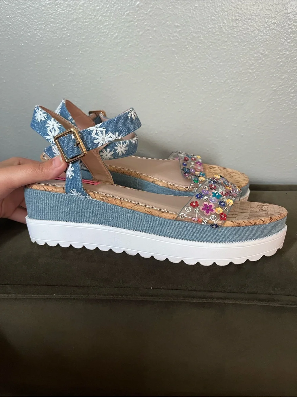 Betsey Johnson Denim Blue Floral Jeweled Platform Sandals